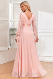 Chiffon V-Neck Blush formell kjole med lange ermer
