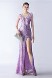 Lilac Mermaid V Neck Sequin og Beaded Struts fjær kveldskjole med spalt