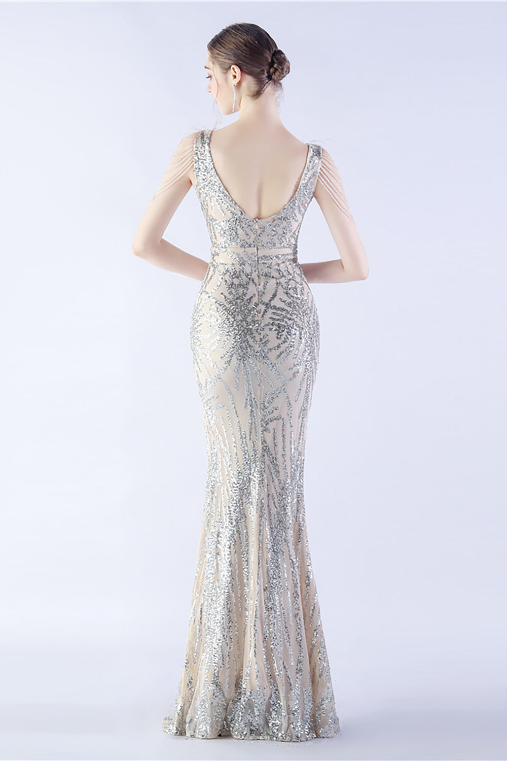 Lilac Mermaid V Neck Sequin og Beaded Struts fjær kveldskjole med spalt