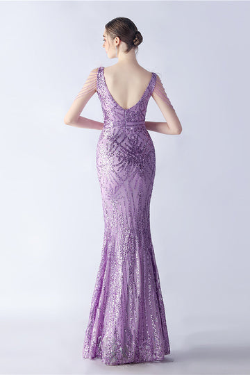 Lilac Mermaid V Neck Sequin og Beaded Struts fjær kveldskjole med spalt
