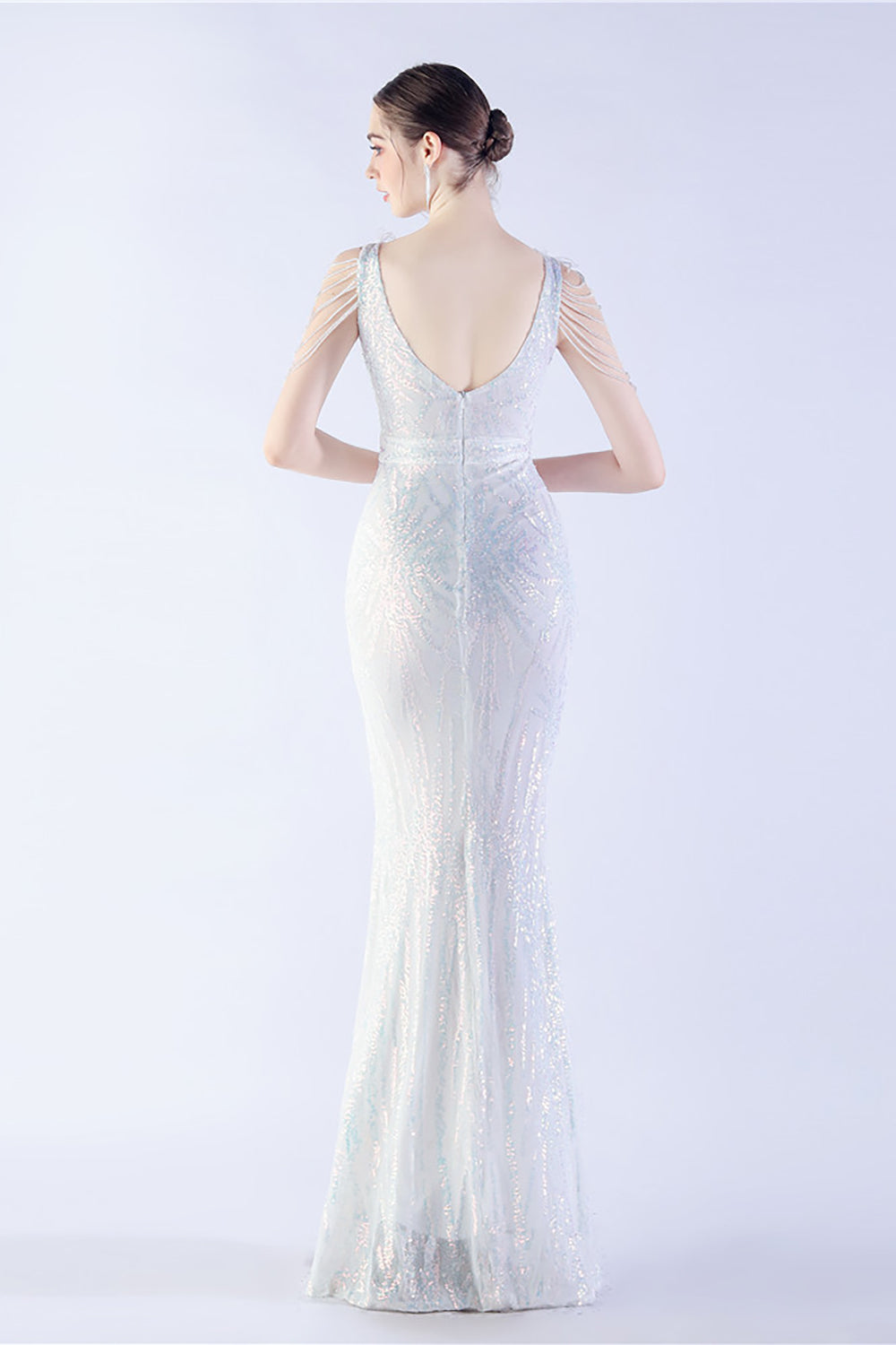 Lilac Mermaid V Neck Sequin og Beaded Struts fjær kveldskjole med spalt