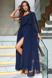 Navy One Shoulder formell kjole med spalt
