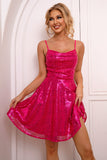 Sparkly A-Line Spaghetti stropper Hot Pink Cocktail Dress