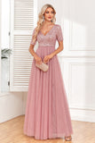 Dusty Rose A-Line V Neck Tylle Prom kjole med korte ermer