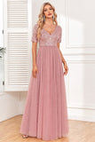 Dusty Rose A-Line V Neck Tylle Prom kjole med korte ermer