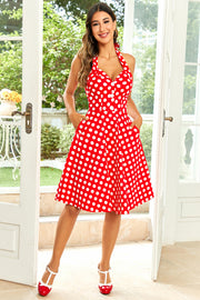 Hepburn Style Halter Neck Red Button Polka Dots 1950 Kjole