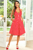 Hepburn Style Halter Neck Red Button Polka Dots 1950 Kjole