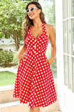 Hepburn Style Halter Neck Red Button Polka Dots 1950 Kjole