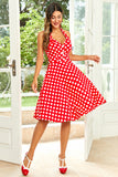 Hepburn Style Halter Neck Red Button Polka Dots 1950 Kjole