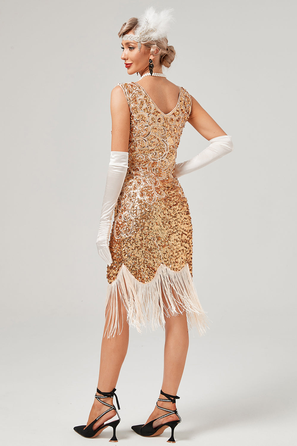 mørkegrønn paljett v-hals gatsby kjole med frynser