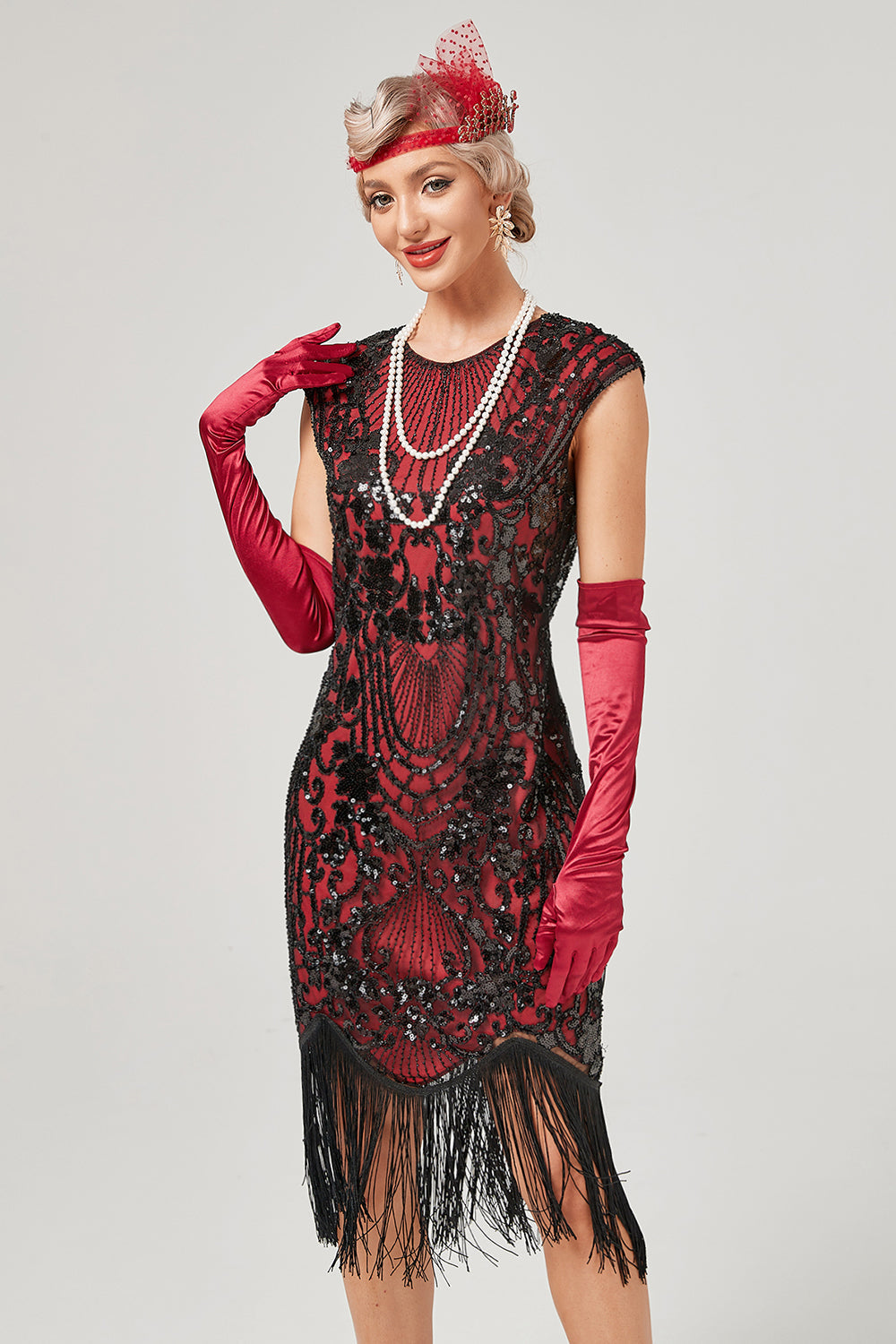 grønn rund hals gylden broderi 1920-tallet kjole med frynser