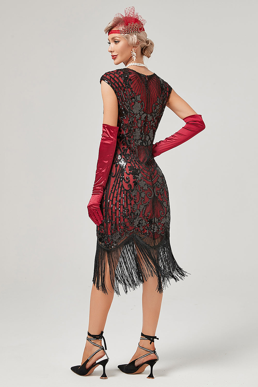 grønn rund hals gylden broderi 1920-tallet kjole med frynser