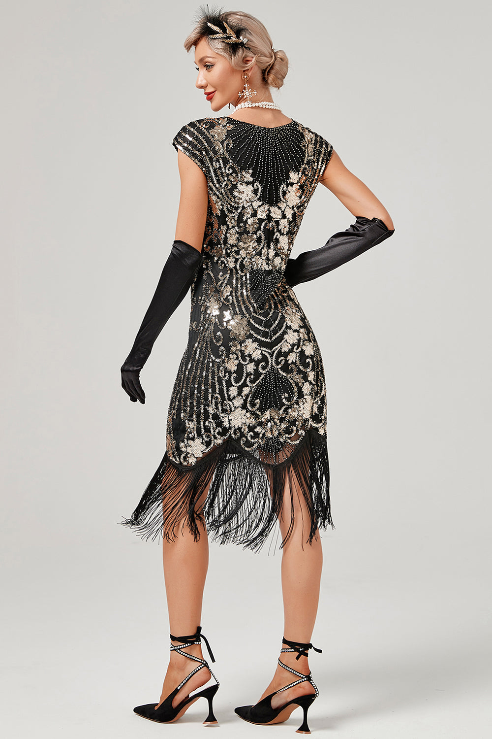 grønn rund hals gylden broderi 1920-tallet kjole med frynser