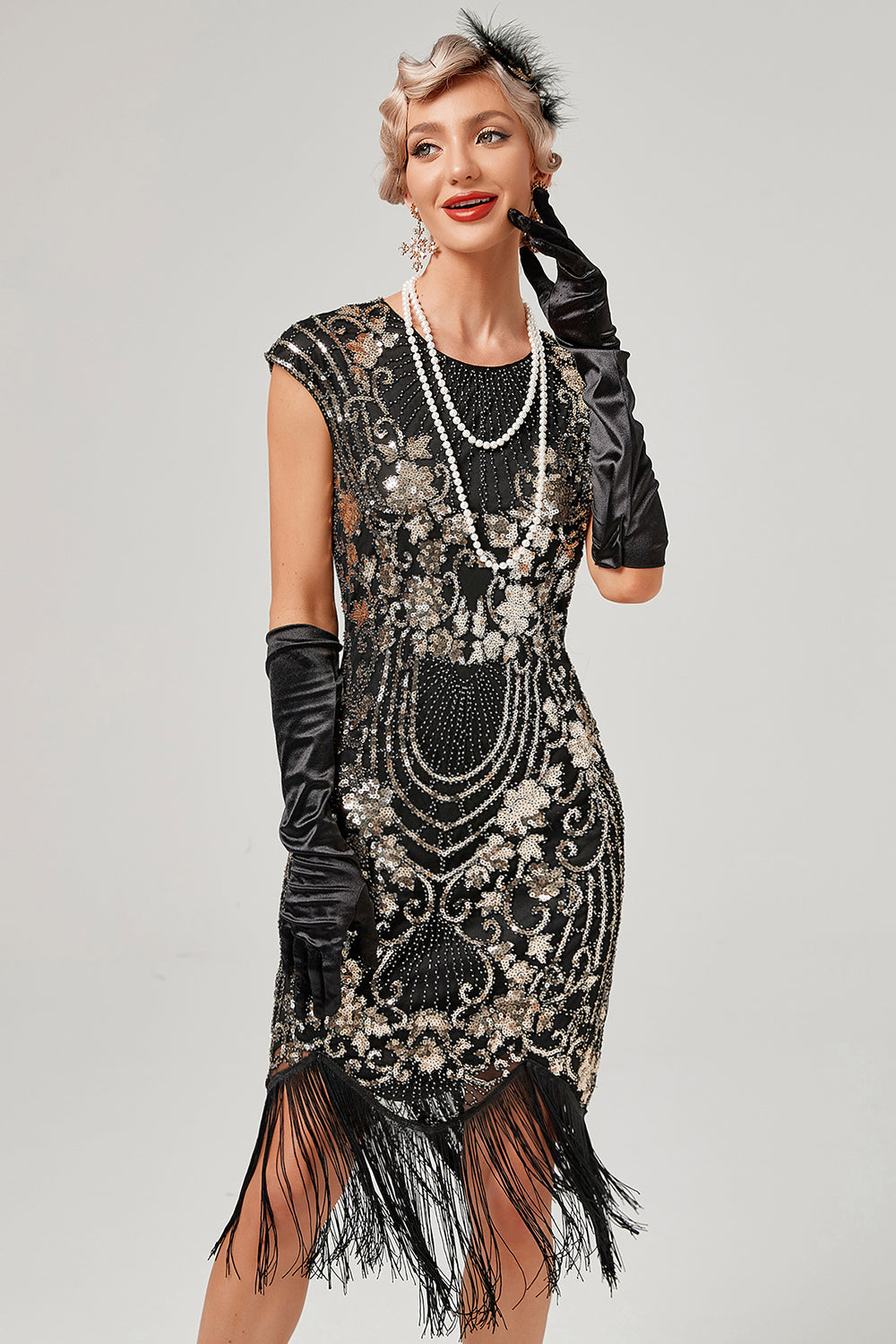 grønn rund hals gylden broderi 1920-tallet kjole med frynser