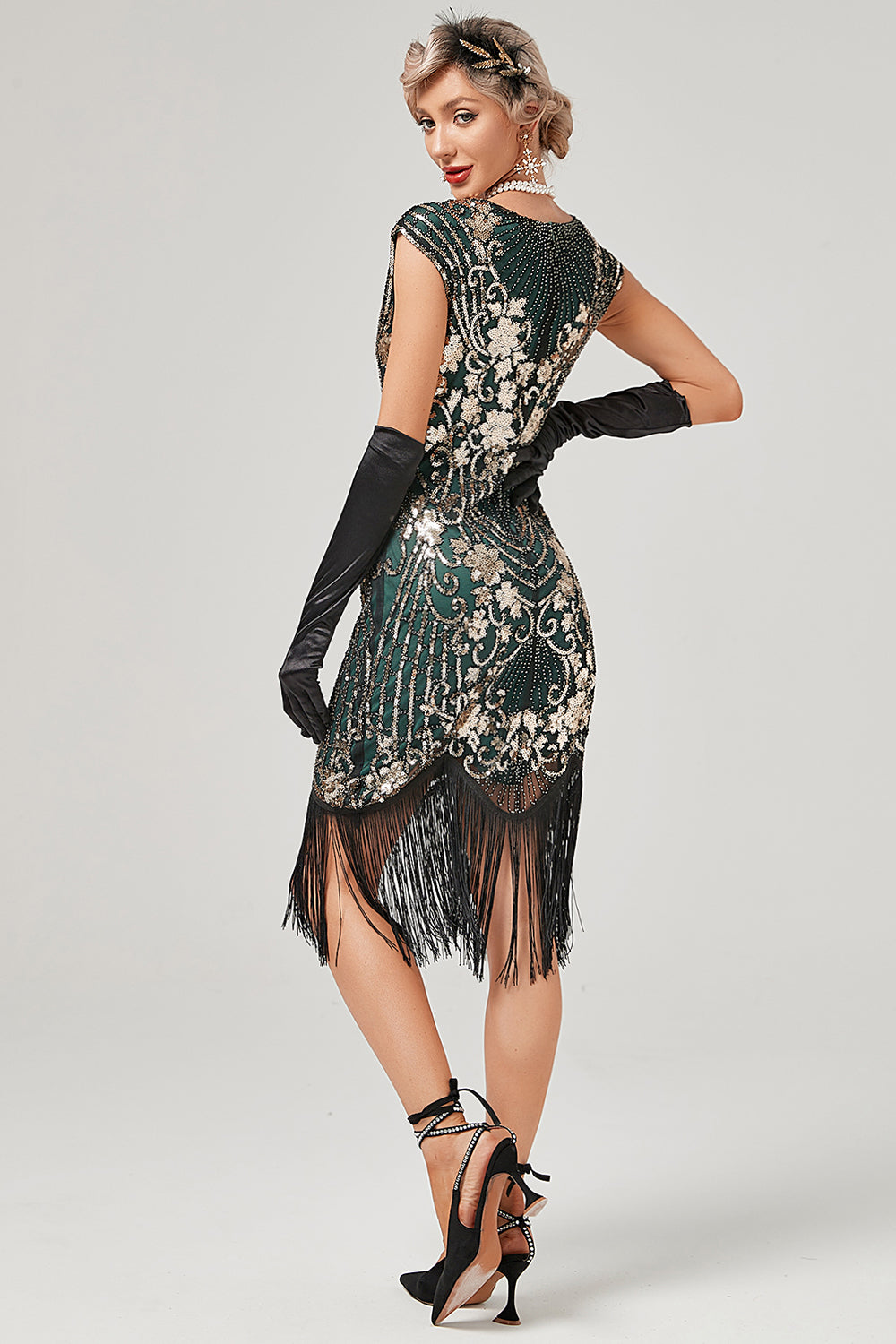 grønn rund hals gylden broderi 1920-tallet kjole med frynser