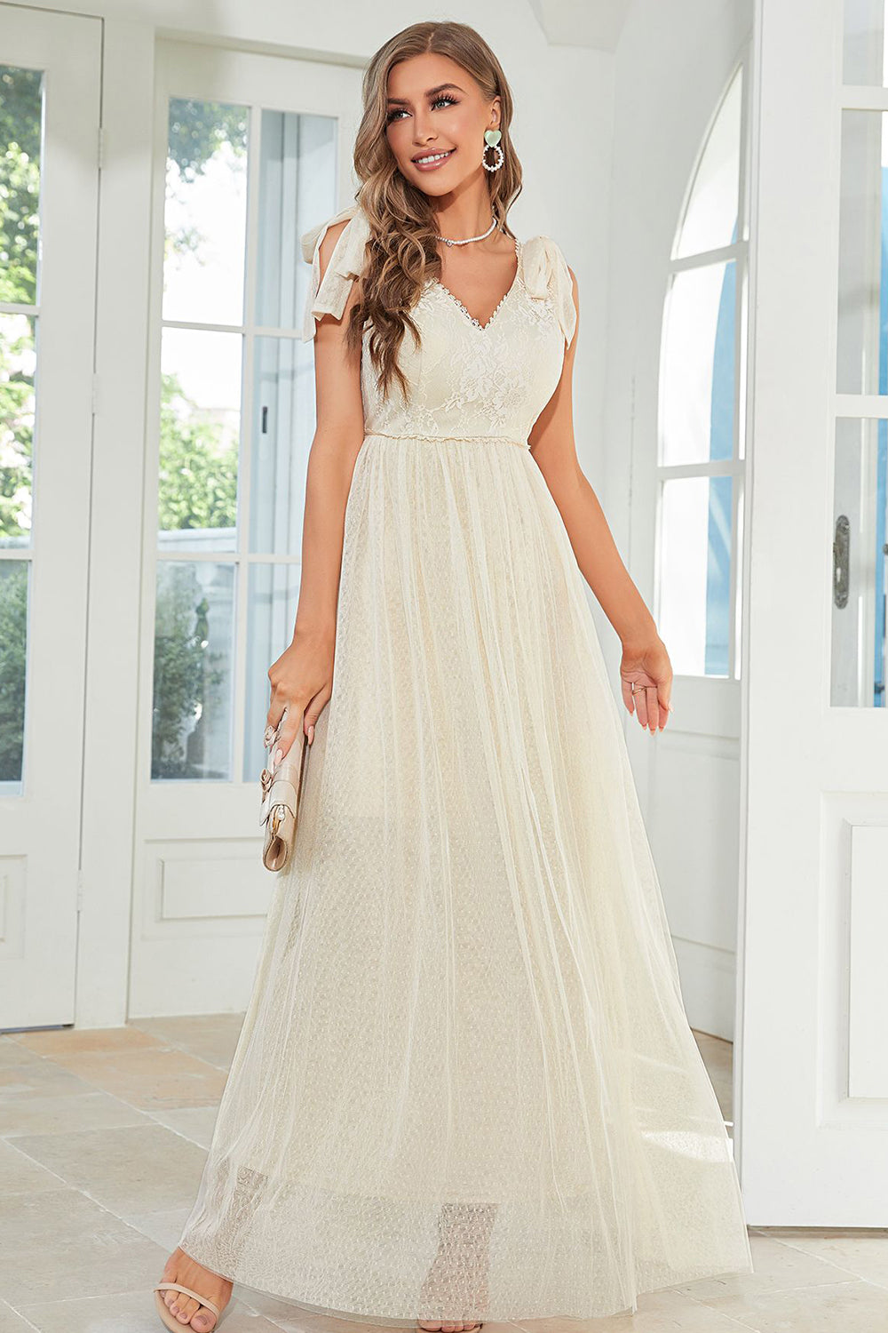 Aprikos blonder Long Wedding Guest kjole med Bowknot