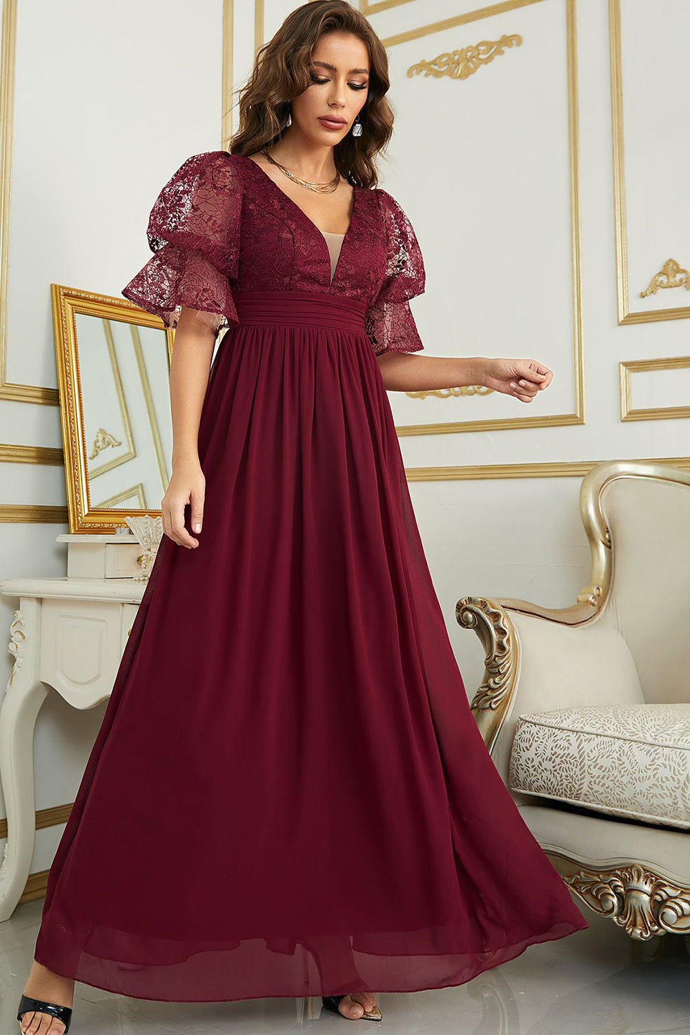 Burgund Chiffon brudepike kjole med blonder