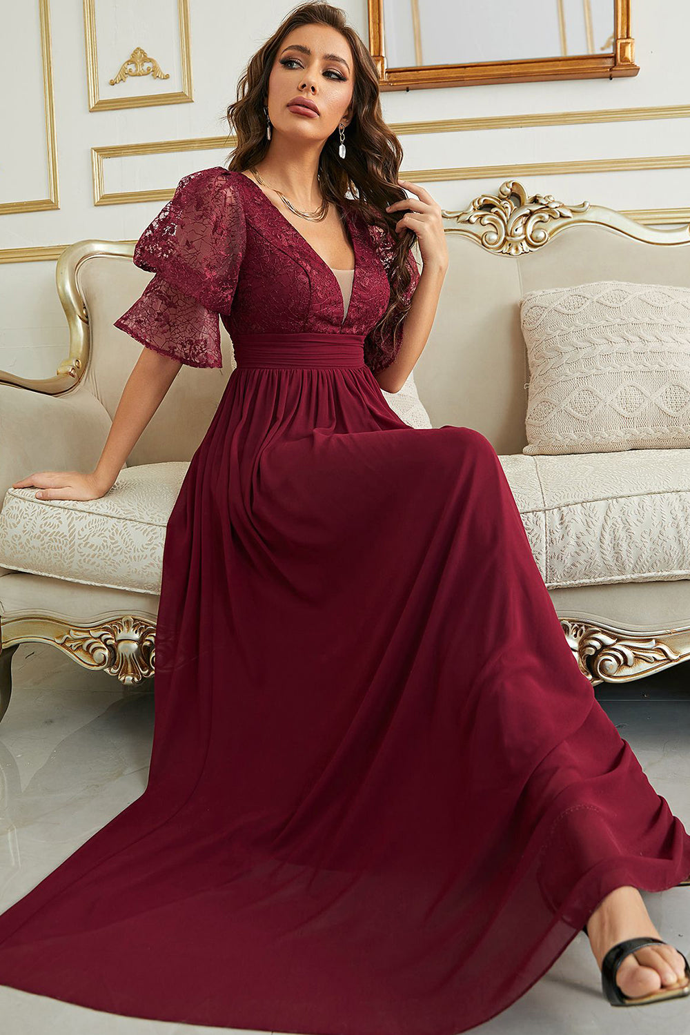 Burgund Chiffon brudepike kjole med blonder