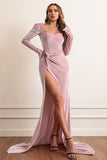 Velvet Long Sleeves Prom Dress med Slit