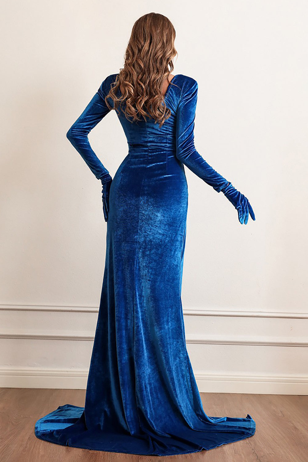 Velvet Long Sleeves Prom Dress med Slit