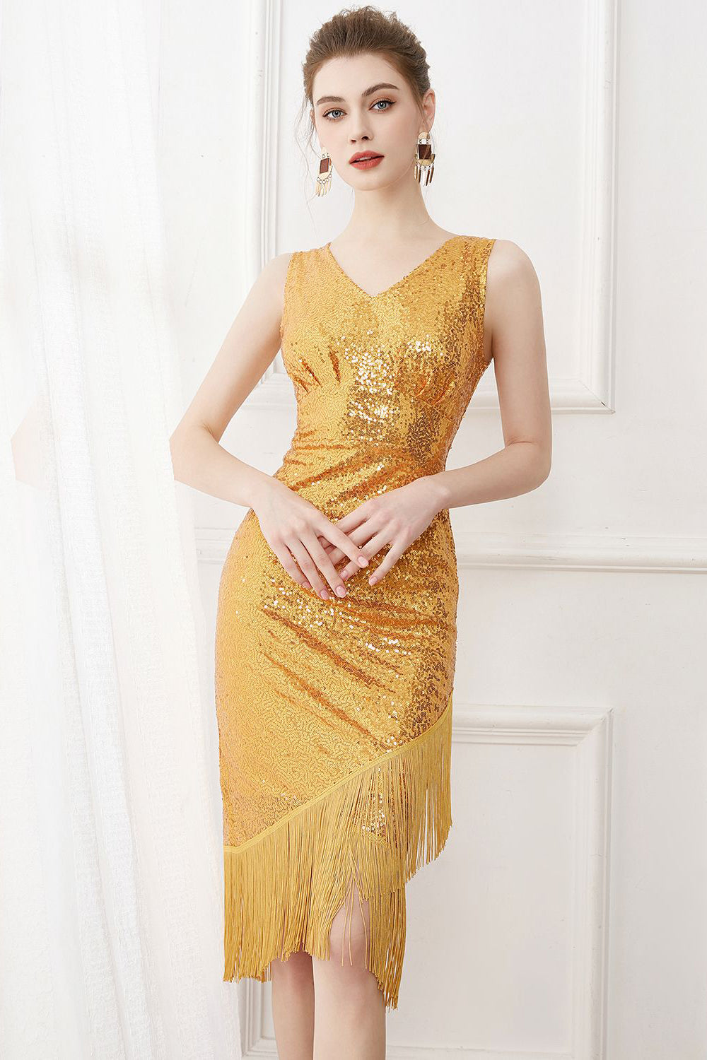 Paljetter Glitter Svart 1920-tallskjole med frynser