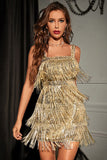 Sparkly Golden Sequins Cocktail Party kjole med frynser