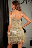 Sparkly Golden Sequins Cocktail Party kjole med frynser