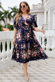 Plus Size V Neck Navy sommerkjole med korte ermer