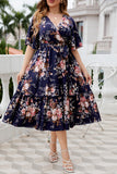 Plus Size V Neck Navy sommerkjole med korte ermer
