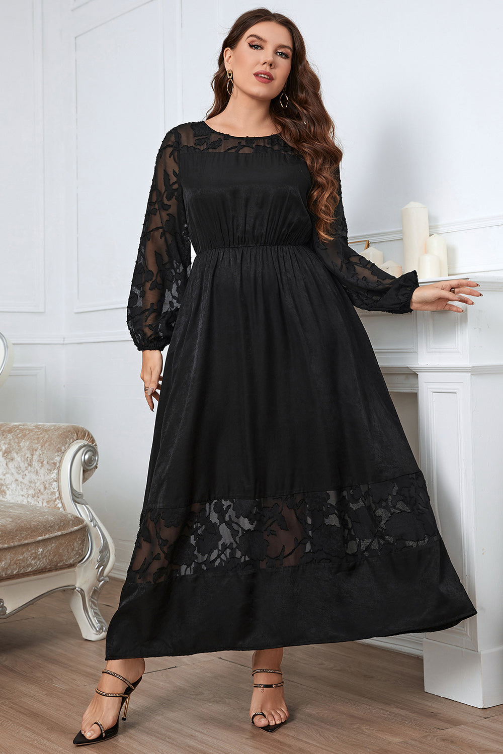Svart Plus Size Lange ermer Round Neck Summer Dress