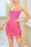 Sparkly Sequin Fuchsia Spaghetti stropper Kort cocktailkjole med frynser
