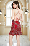 Lace-Up Back Burgund Cocktail Dress med Appliques