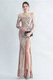 Sparkly Off The Shoulder paljetter Golden Prom Kjole med fjær