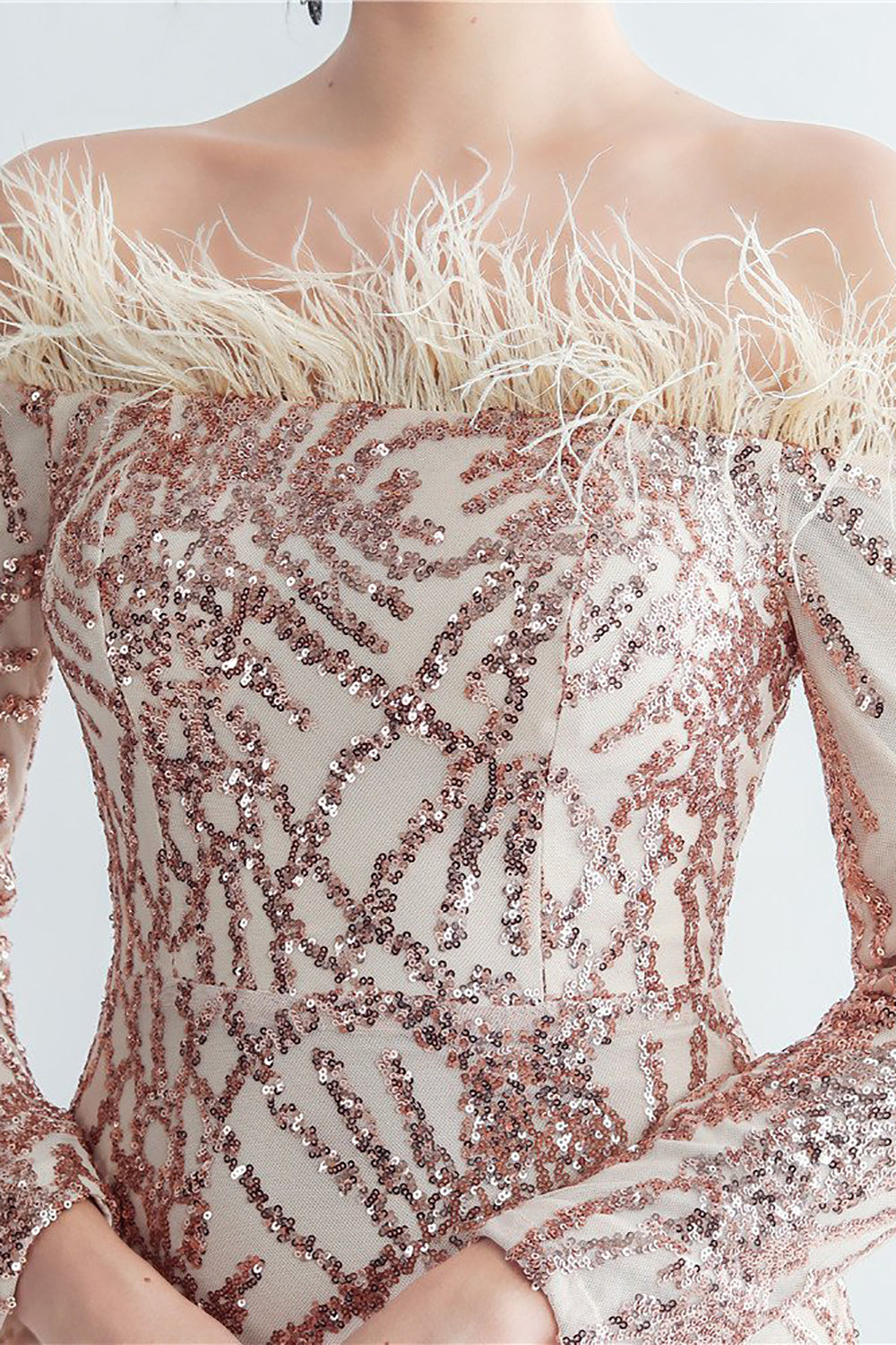 Sparkly Off The Shoulder paljetter Golden Prom Kjole med fjær