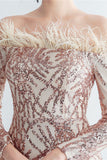 Sparkly Off The Shoulder paljetter Golden Prom Kjole med fjær