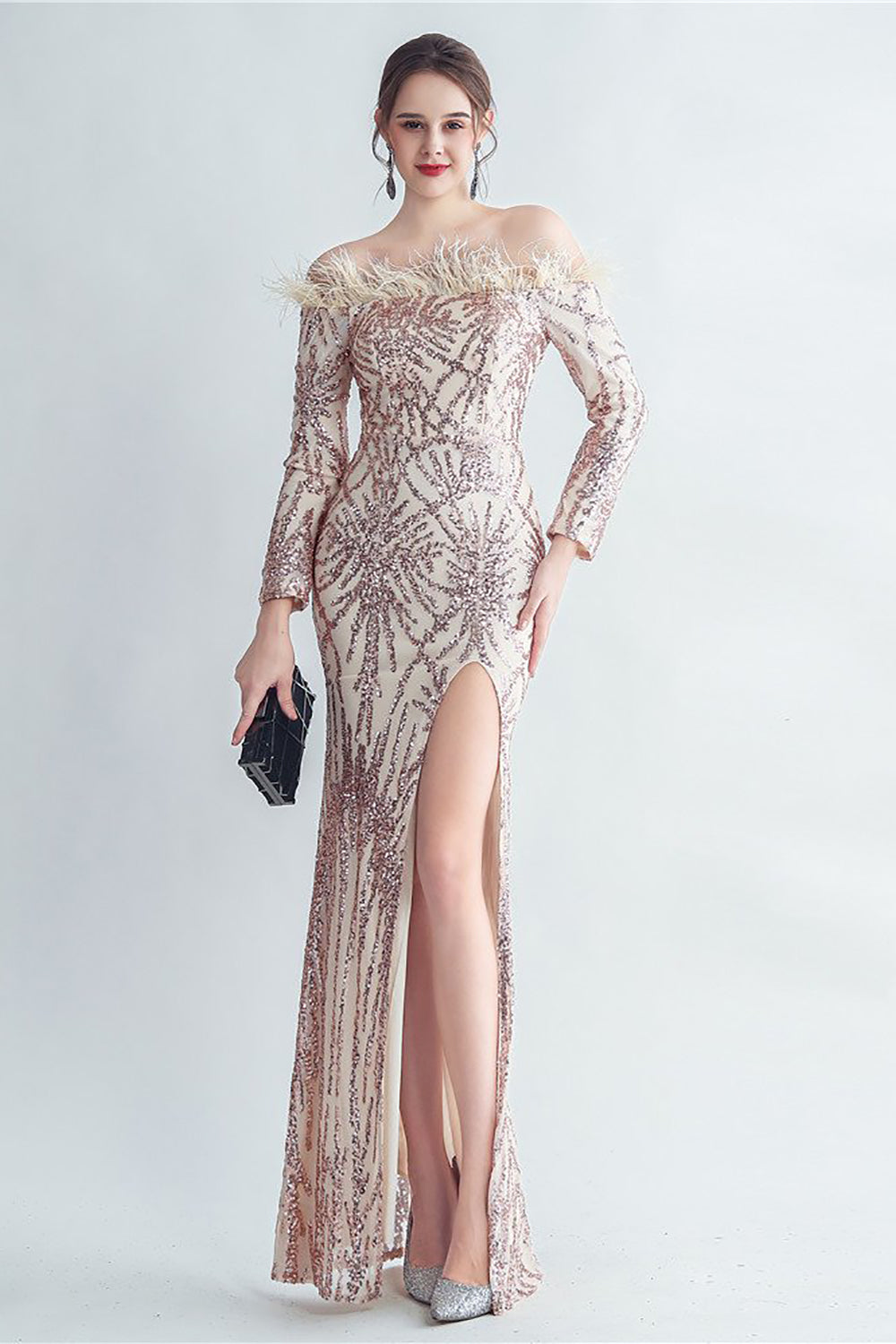 Sparkly Off The Shoulder paljetter Golden Prom Kjole med fjær