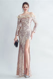 Sparkly Off The Shoulder paljetter Golden Prom Kjole med fjær