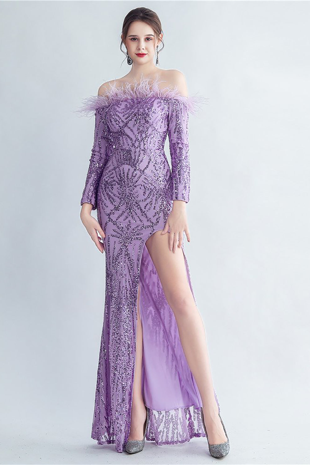 Sparkly Off The Shoulder paljetter Golden Prom Kjole med fjær