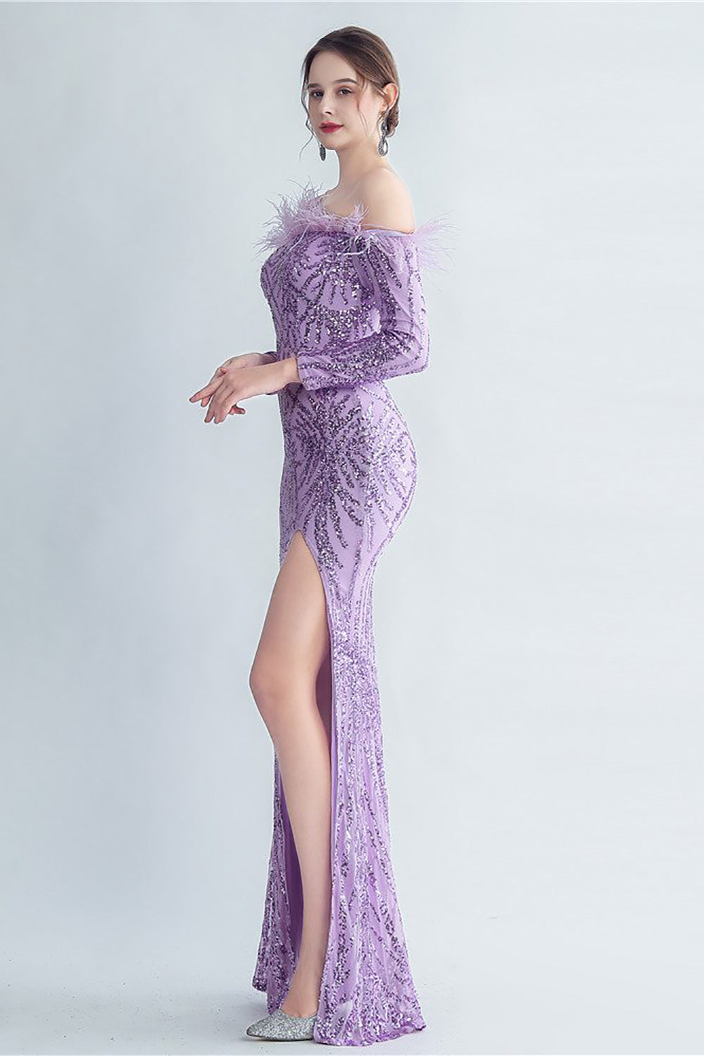 Sparkly Off The Shoulder paljetter Golden Prom Kjole med fjær