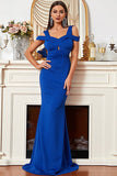 Satin havfrue kald skulder Royal Blue Prom kjole