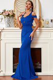 Satin havfrue kald skulder Royal Blue Prom kjole