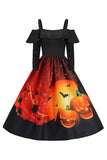 Halloween gresskar trykt svart kald skulder VIntage kjole