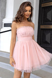 Rosa stroppeløs A Line Tylle Kort Homecoming Dress