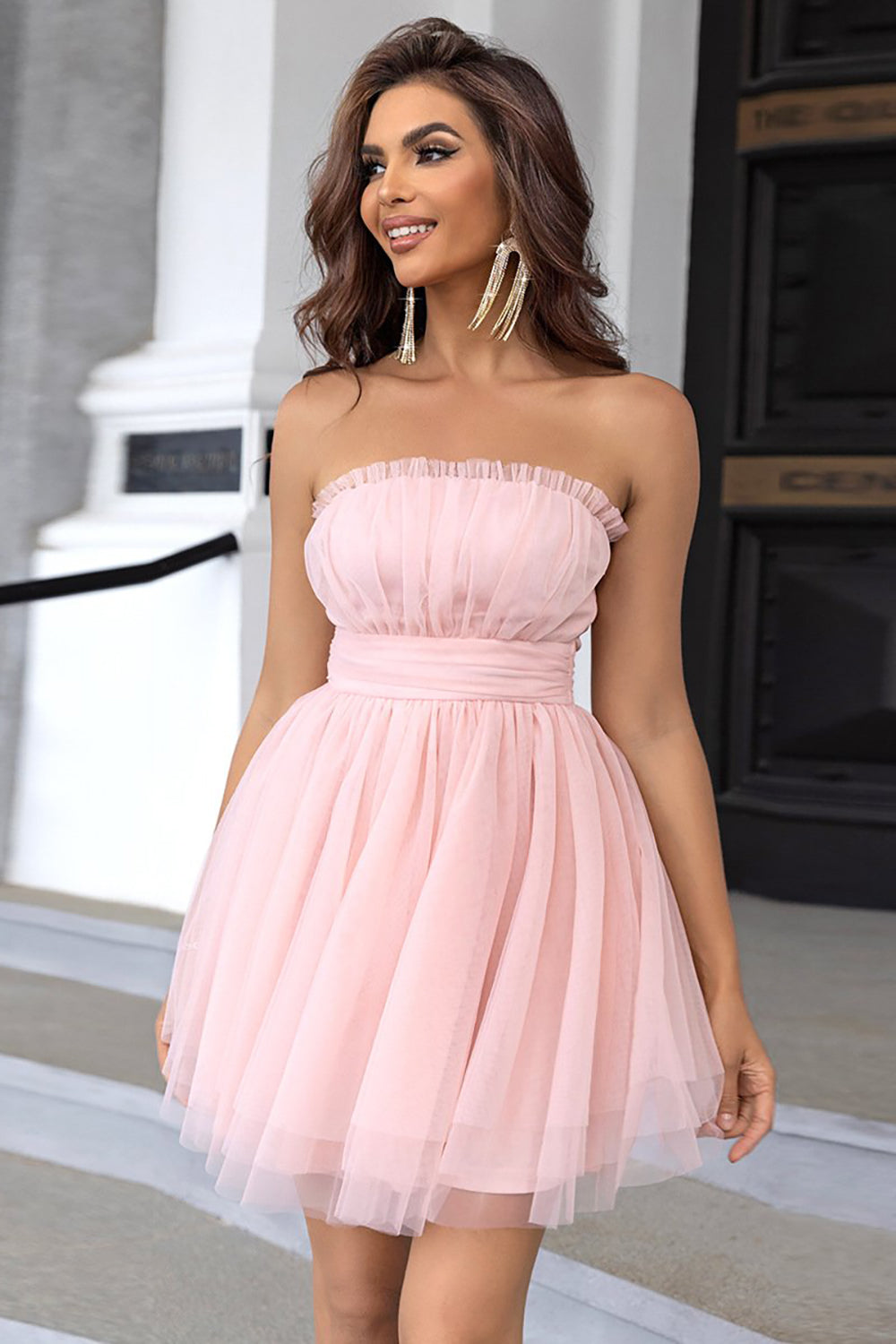 Rosa stroppeløs A Line Tylle Kort Homecoming Dress