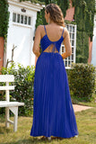 Royal Blue V-hals Spaghetti Strap plissert festkjole