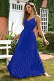 Royal Blue V-hals Spaghetti Strap plissert festkjole