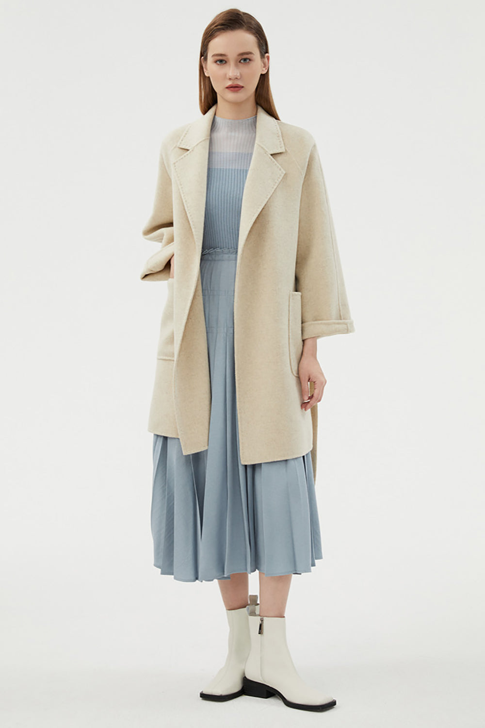 Svart lang hakket lapel reversibel ullfrakk med belte