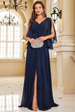 Navy Bat ermer Chiffon formell kjole med spalte