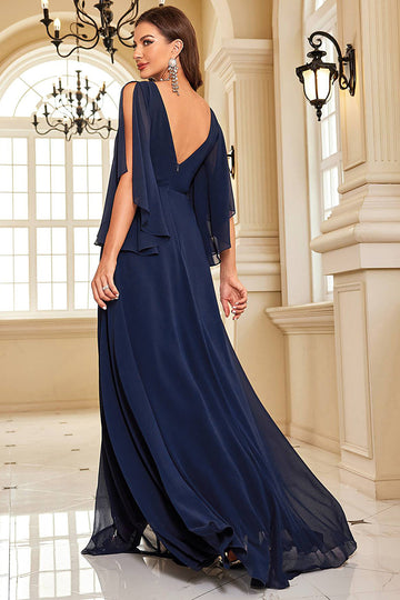 Navy Bat ermer Chiffon formell kjole med spalte