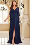Navy Bat ermer Chiffon formell kjole med spalte
